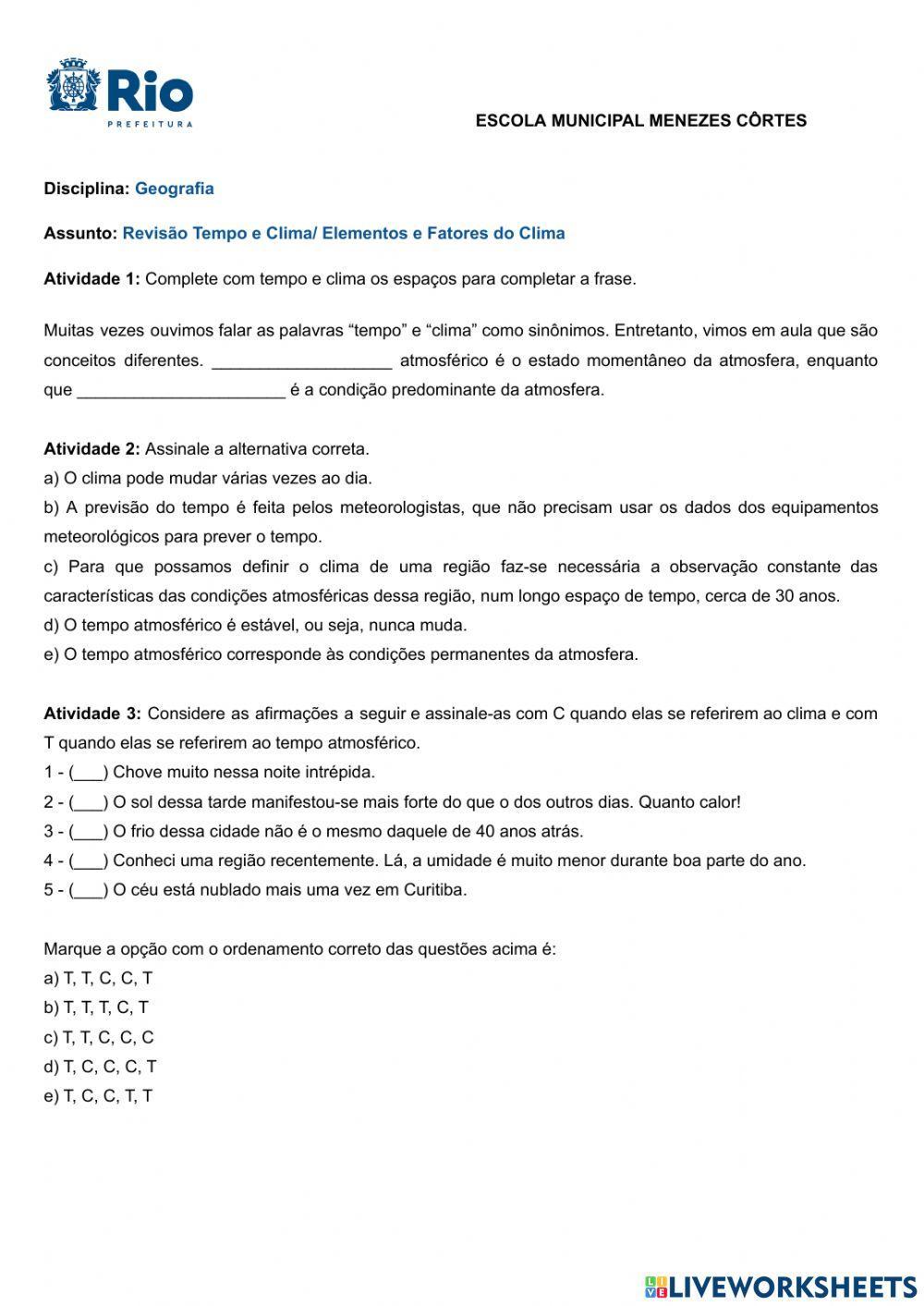 Revisão: Tempo e clima- Fatores e Elementos