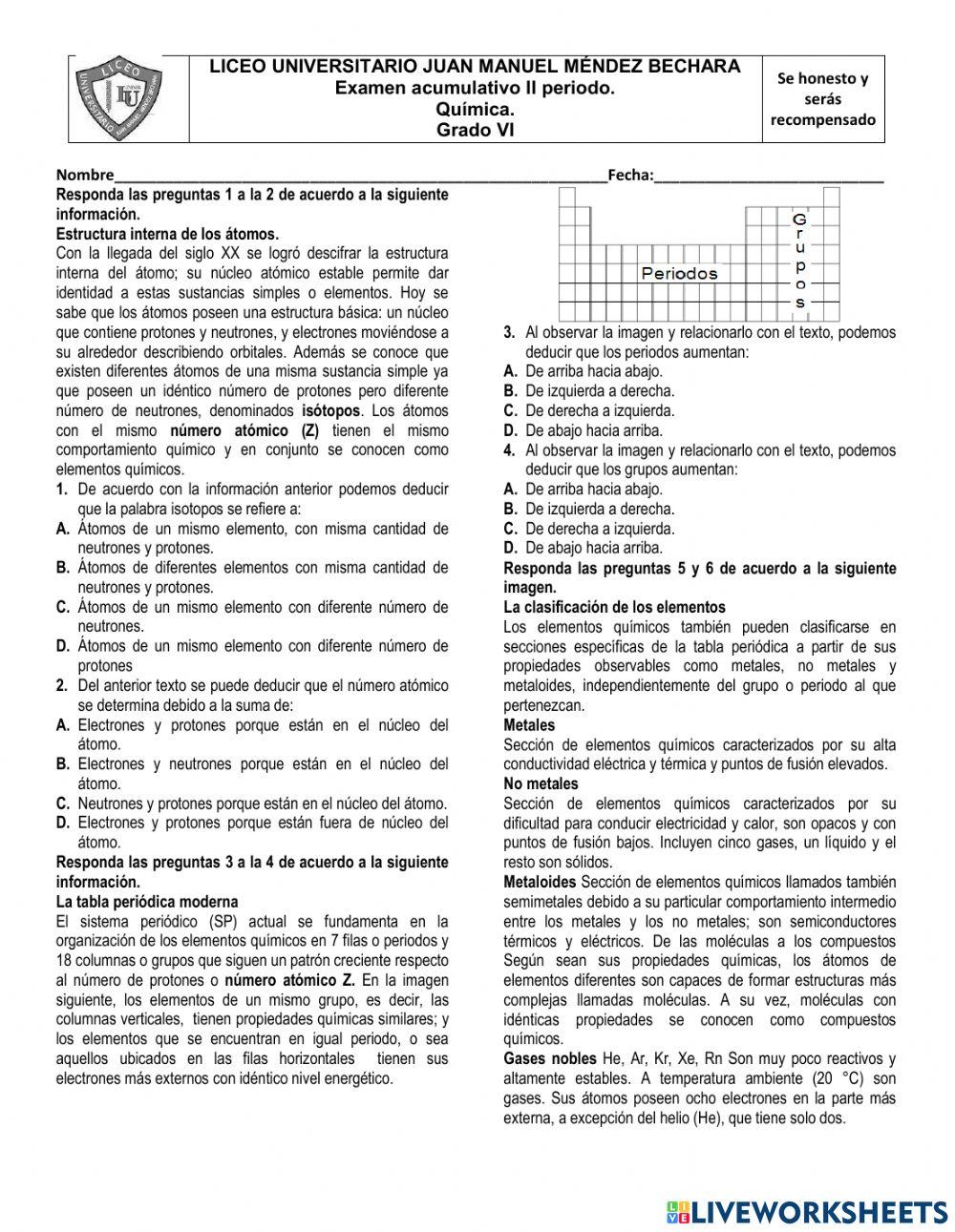 Examen química grado 6 segundo p