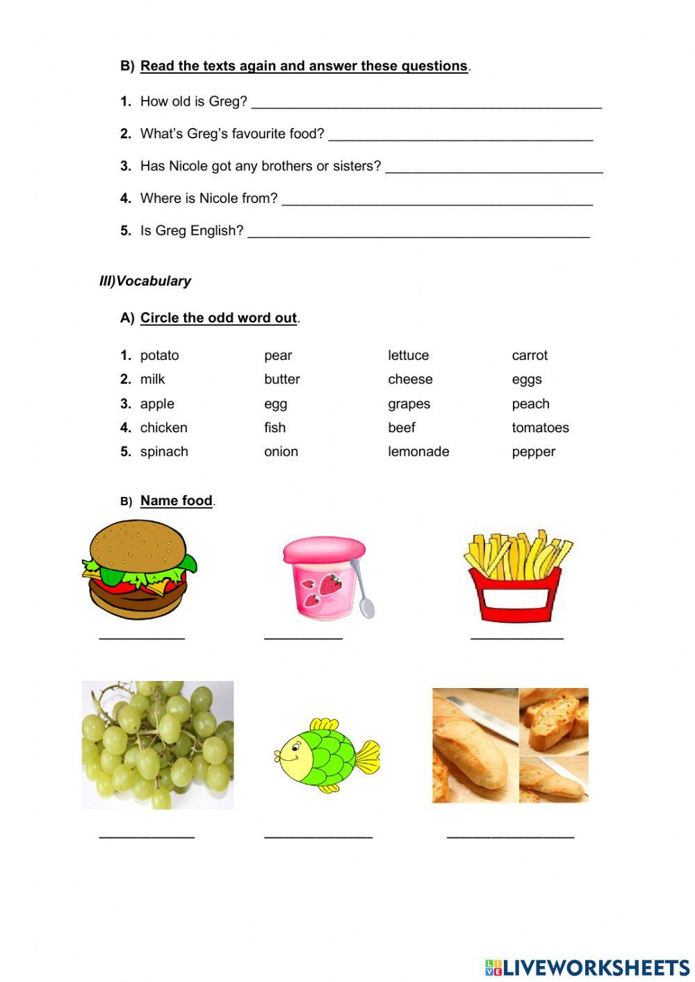 Simple Sentences About Food