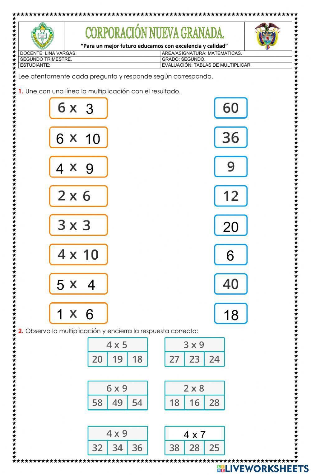TABLAS DE MULTIPLICAR DEL 2 AL 6