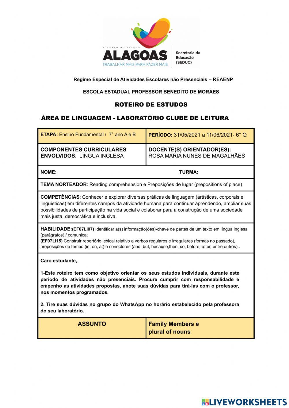 Roteiro 7° ano - 6 quinzena