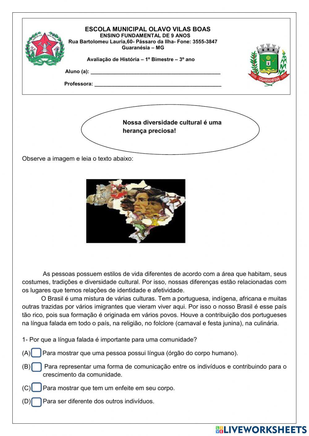 Avaliação de História 3º Ano maio 2021