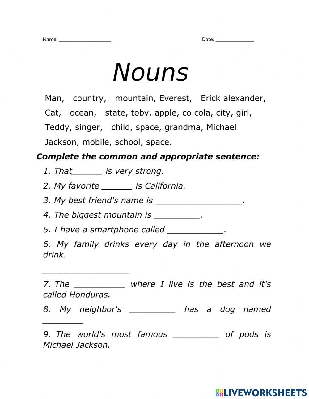 Worksheets of nouns
