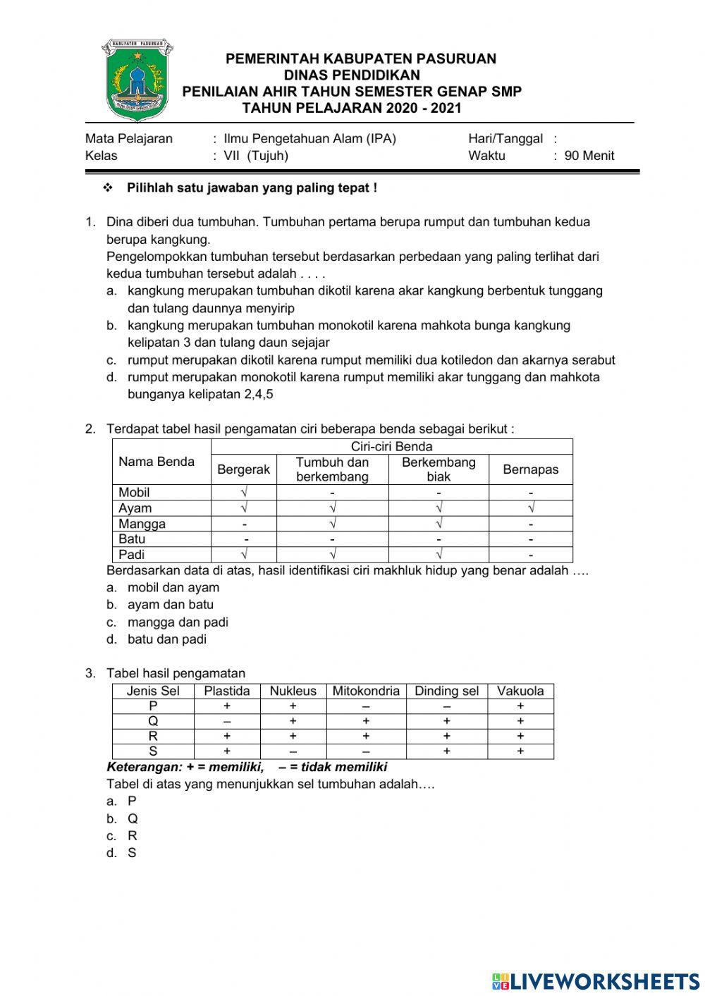 Pat ipa kelas 7 tahun 2020-2021