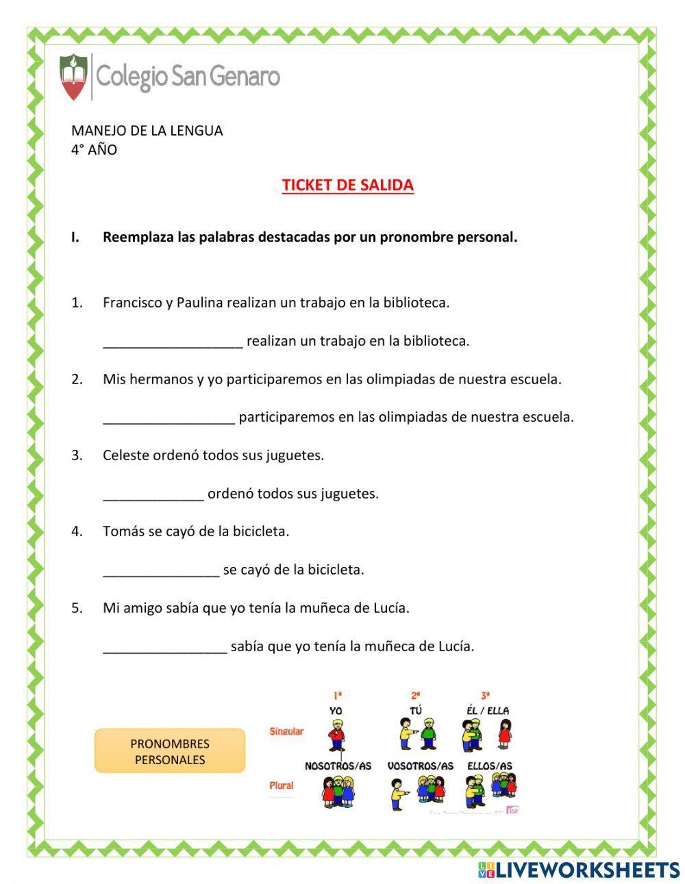 Ticket salida pronombres personales y articulos