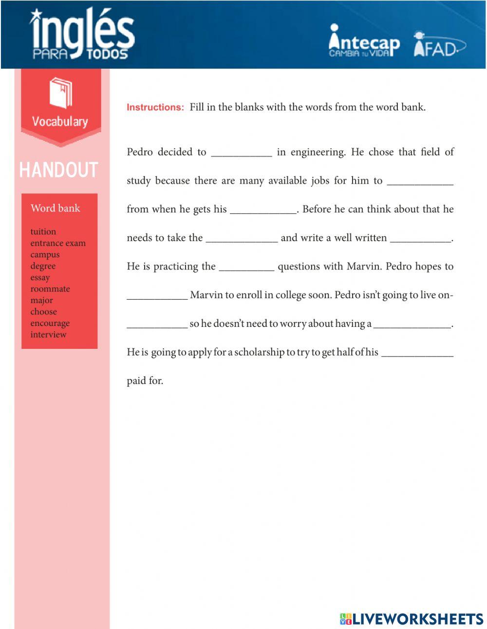 Vocabulary Handout Lesson 6 worksheet | Live Worksheets