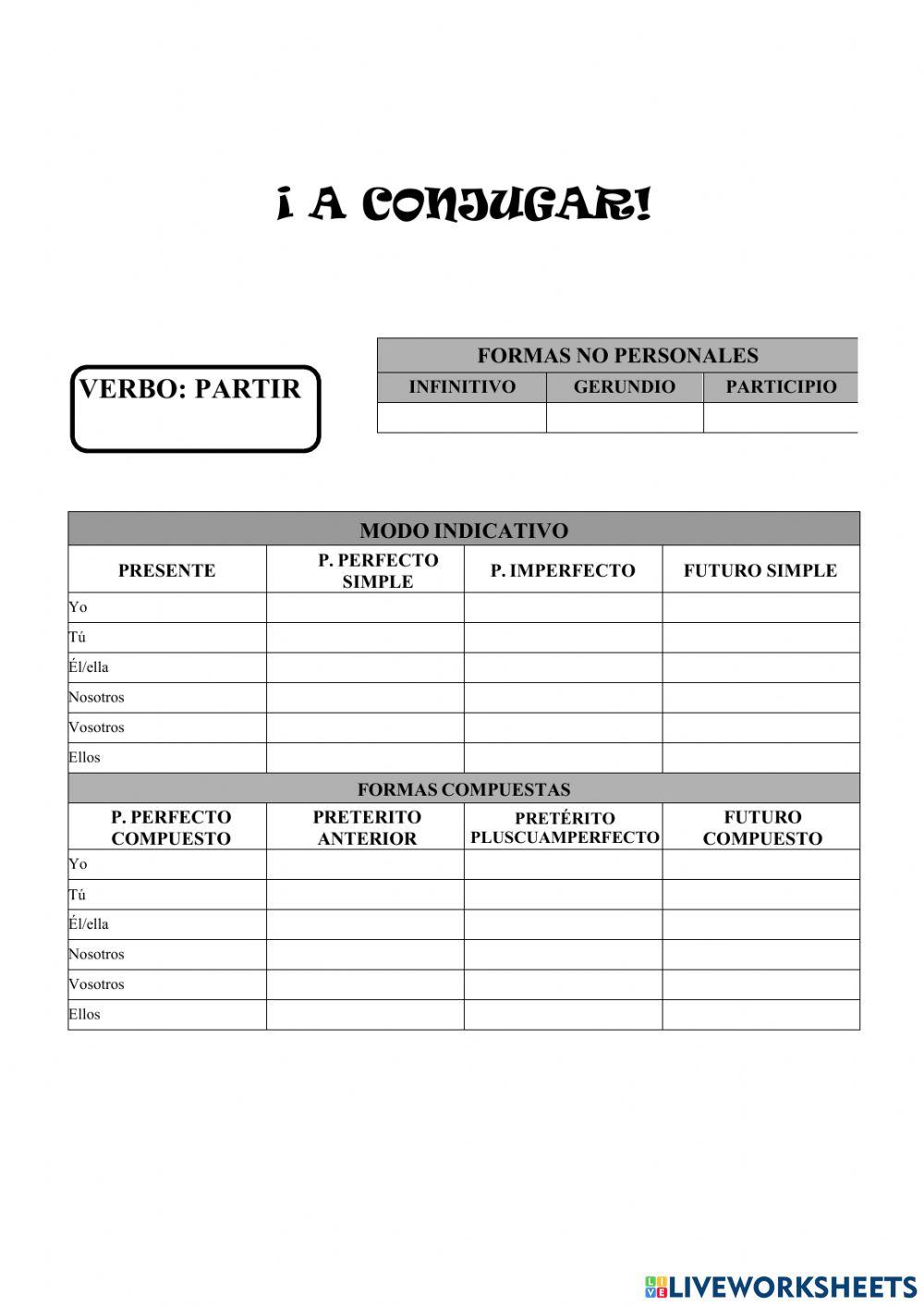 Conjugar cantar, comer, partir