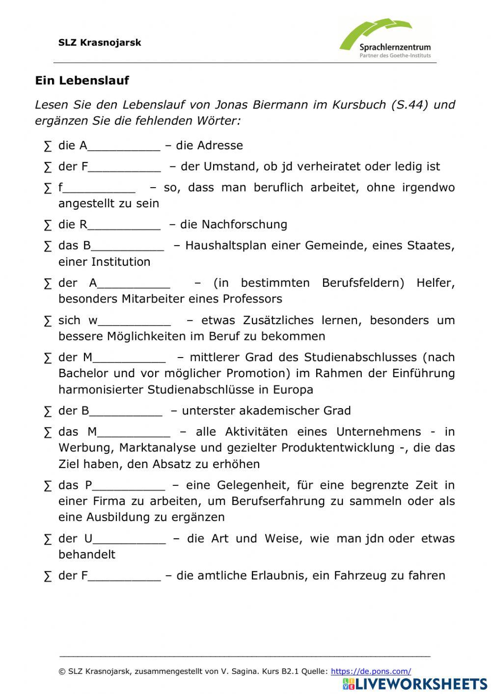 Lebenslauf (Weitblick B2.1)