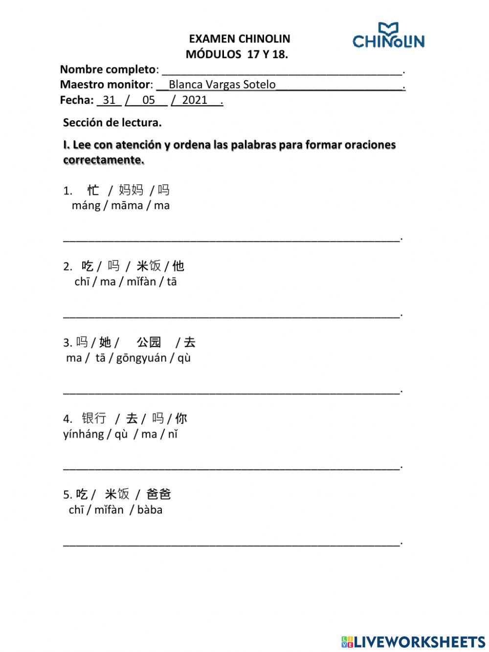Examen - chino modulo 17 - 18