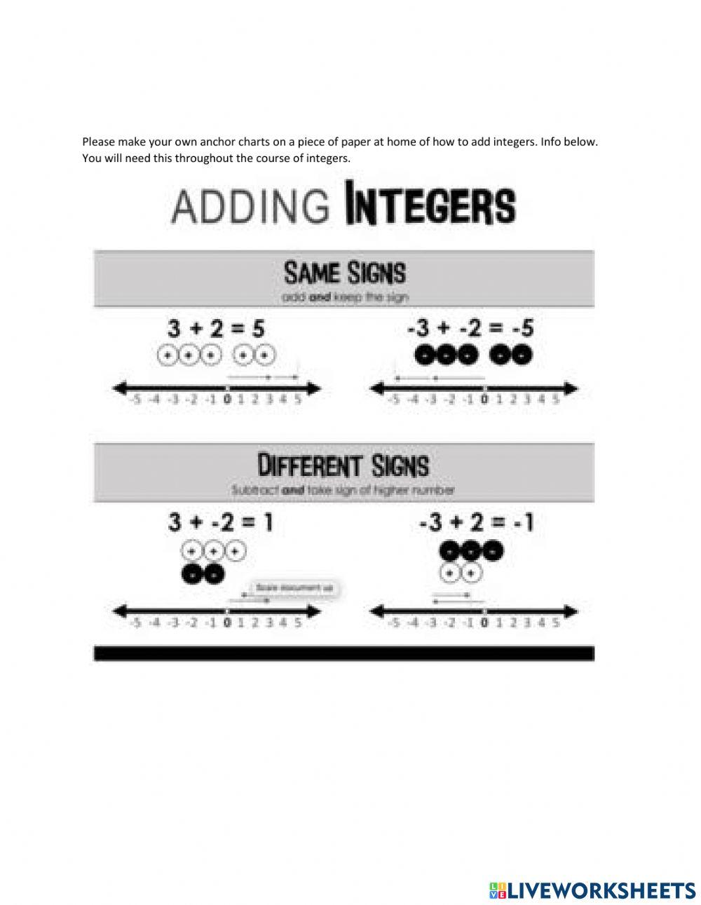 Integers online pdf worksheet | Live Worksheets