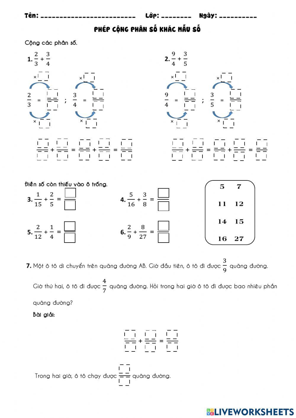 Phép cộng phân số khác mẫu