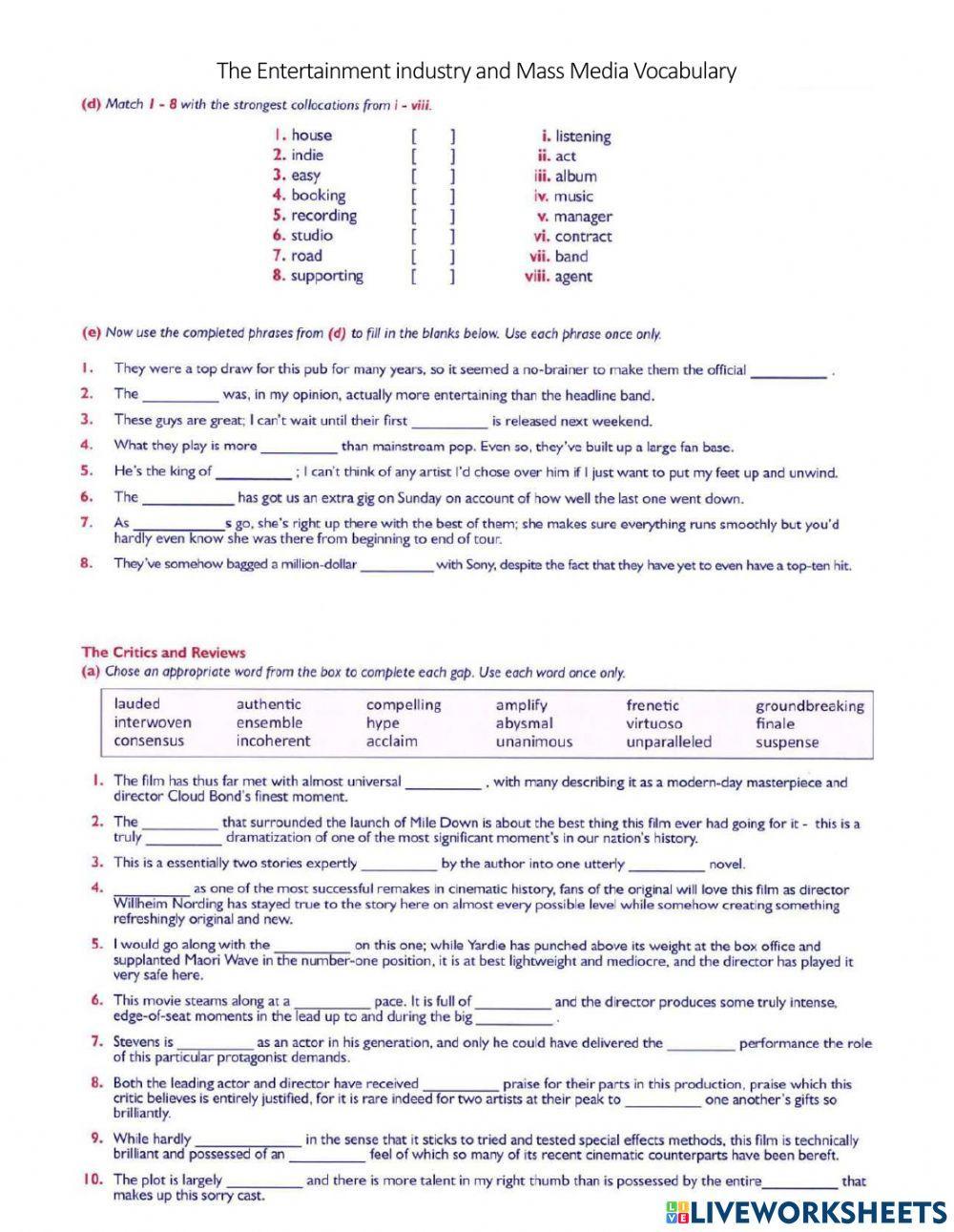 Entertainment Industry and Mass Media Vocabulary