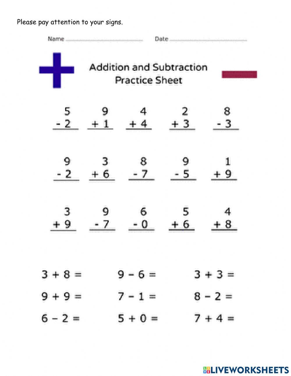 Addition and subtraction review worksheet live worksheets