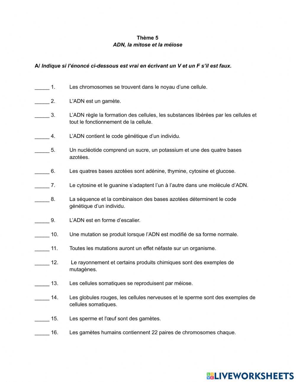 Thème 5: L'ADN, la mitose et la méiose
