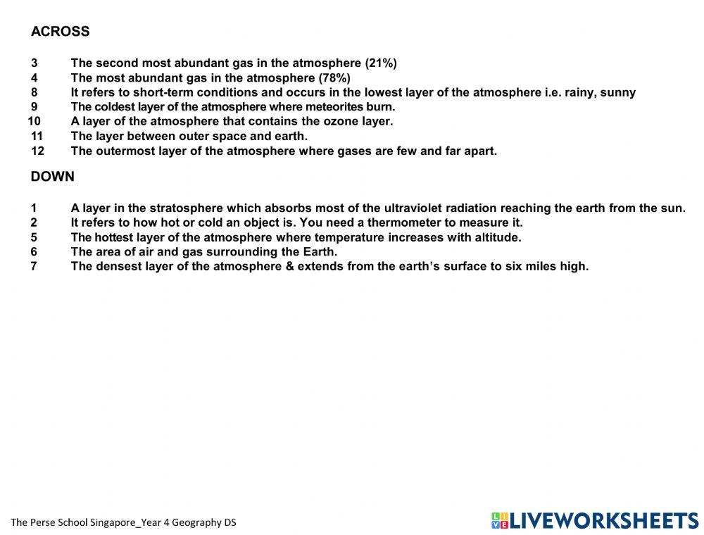 Year 4 Geography Layers of the Atmosphere (Crossword puzzle) online