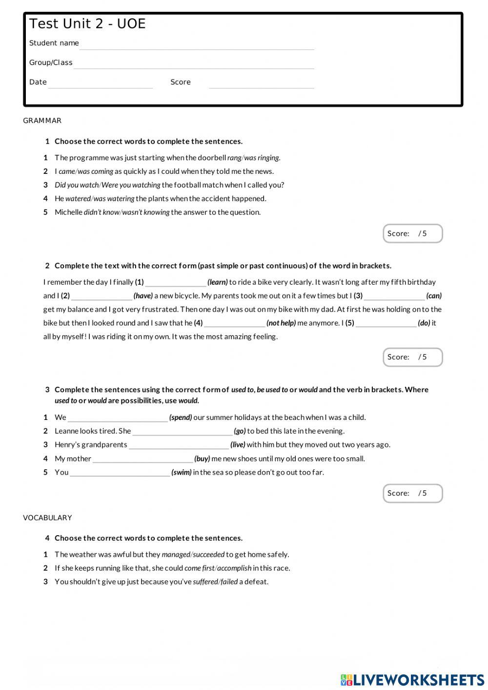 Test Unit 2 GRAMMAR and VOCABULARY