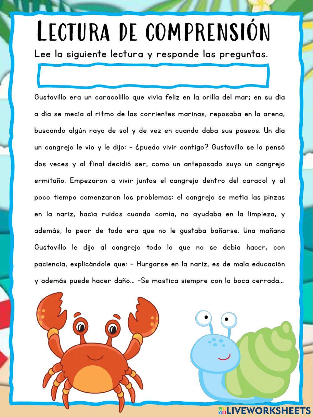 Lectura de comprension: el cangrejo y el caracol