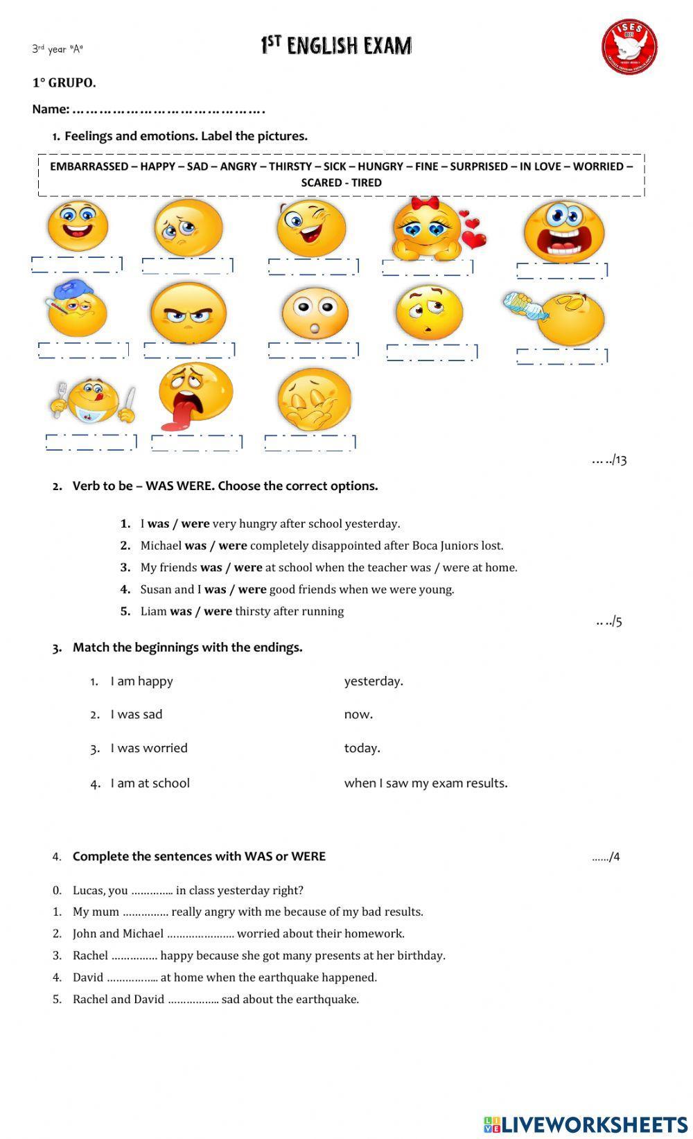 Feelings and emotions - Past simple was were