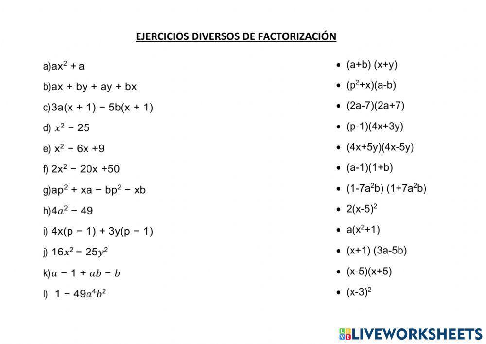Factorización ejercicios variados