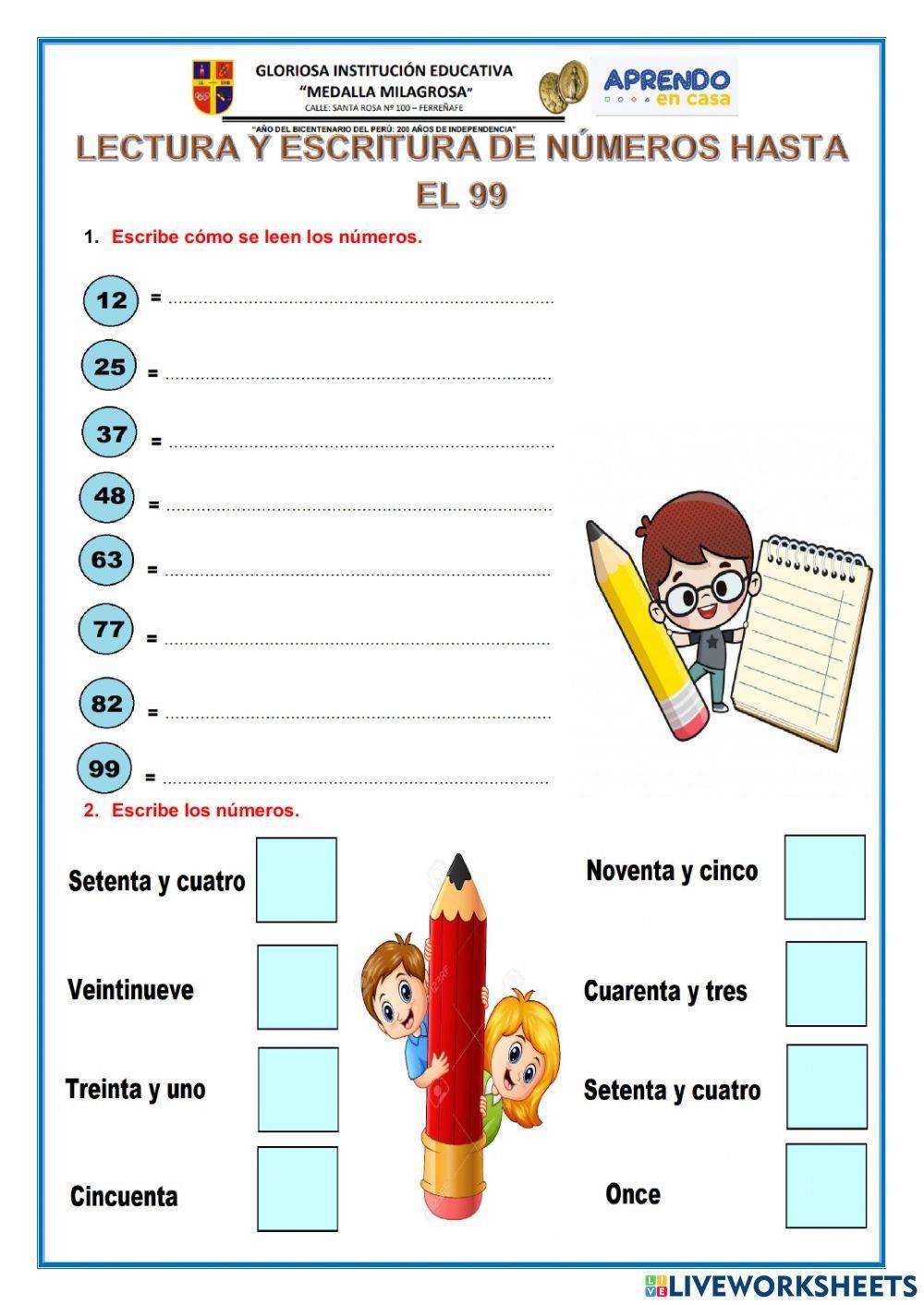 Lectura y escritura de numeros hasta 99