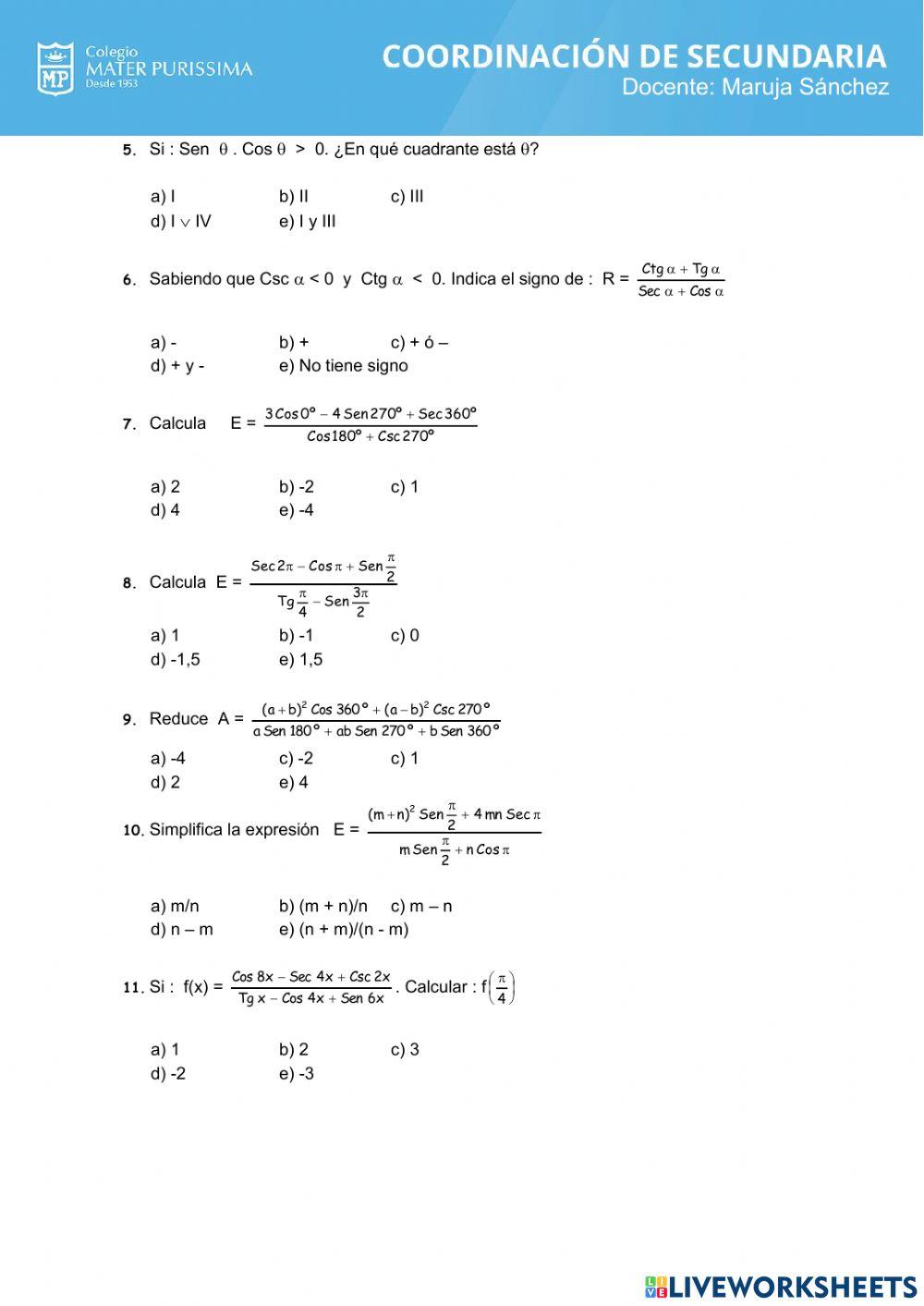 Razones trigonométricas de angulos cuadrantales