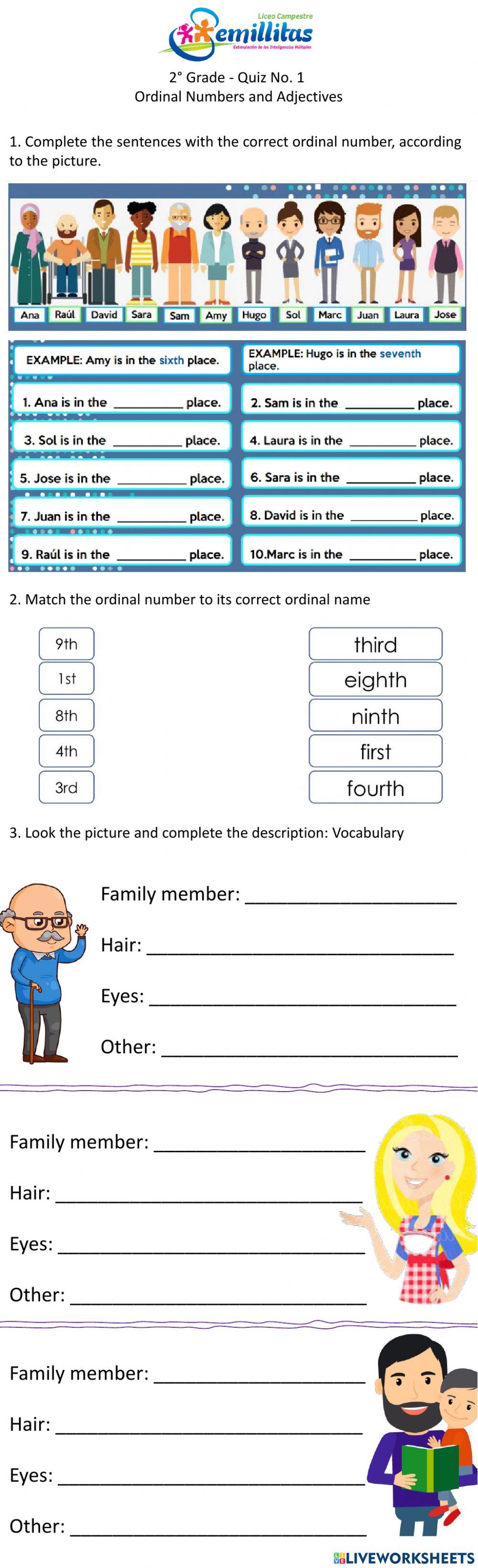 2° Quiz No.1 - Second Term - Ordinal Numbers, Describing adjectives