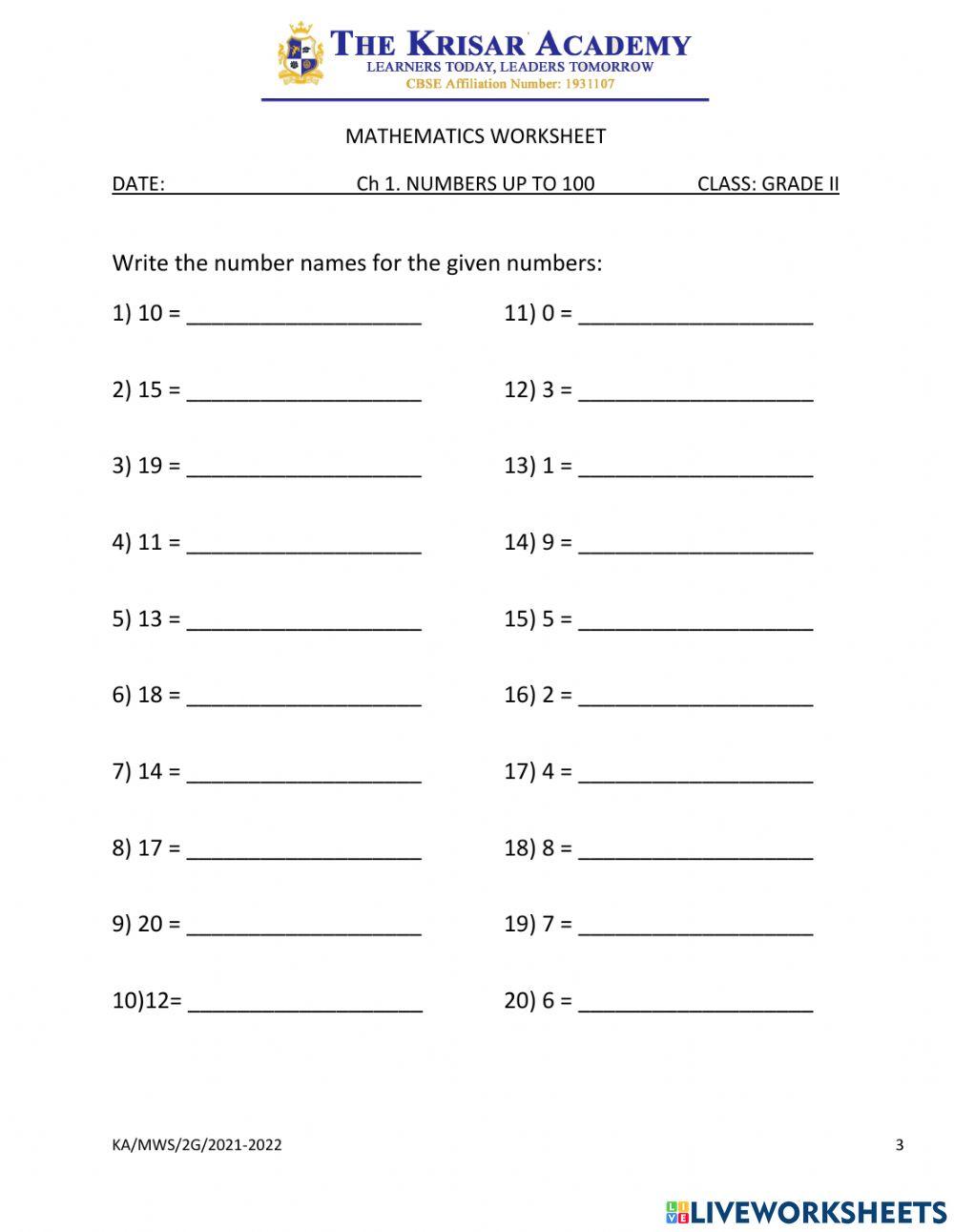 Math numbers 1 to 100