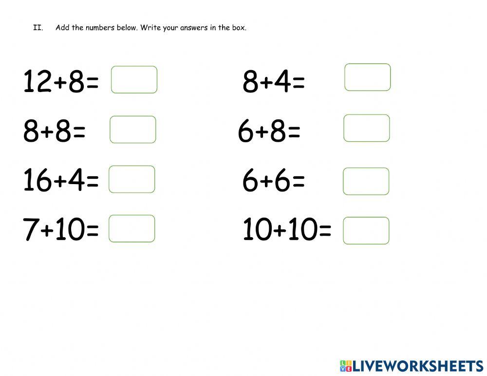 Addition up to 20 activity | Live Worksheets