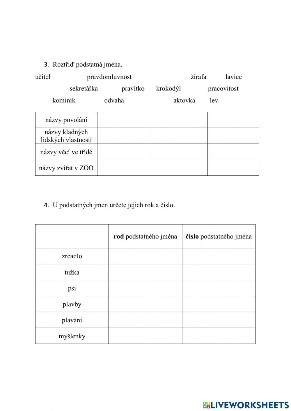 Pracovní list - podstatná jména