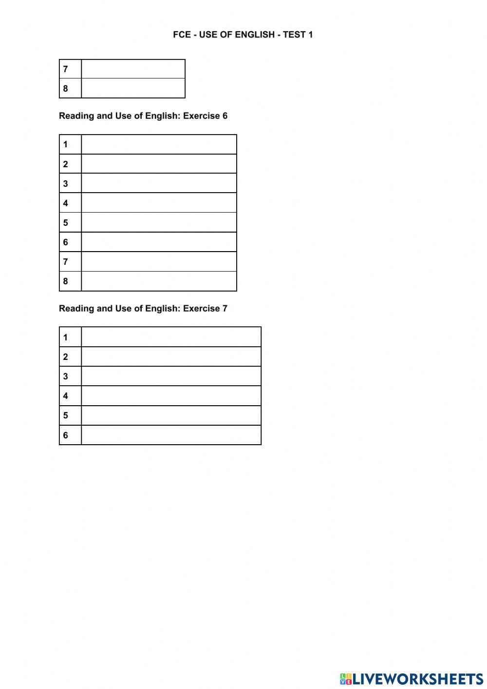 FCE - Test 1 - Answer sheet