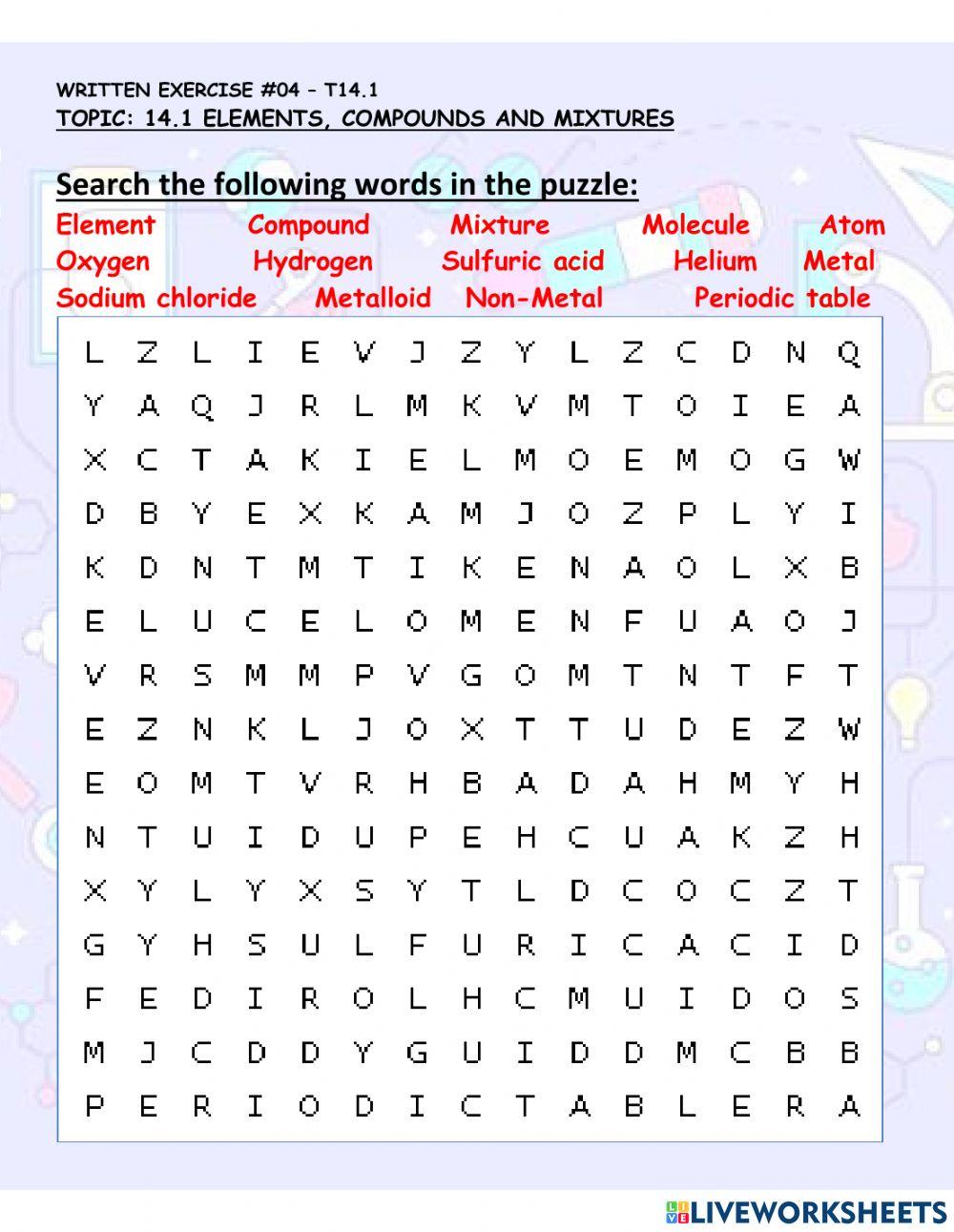 Element, compound and mixture exercise Live Worksheets