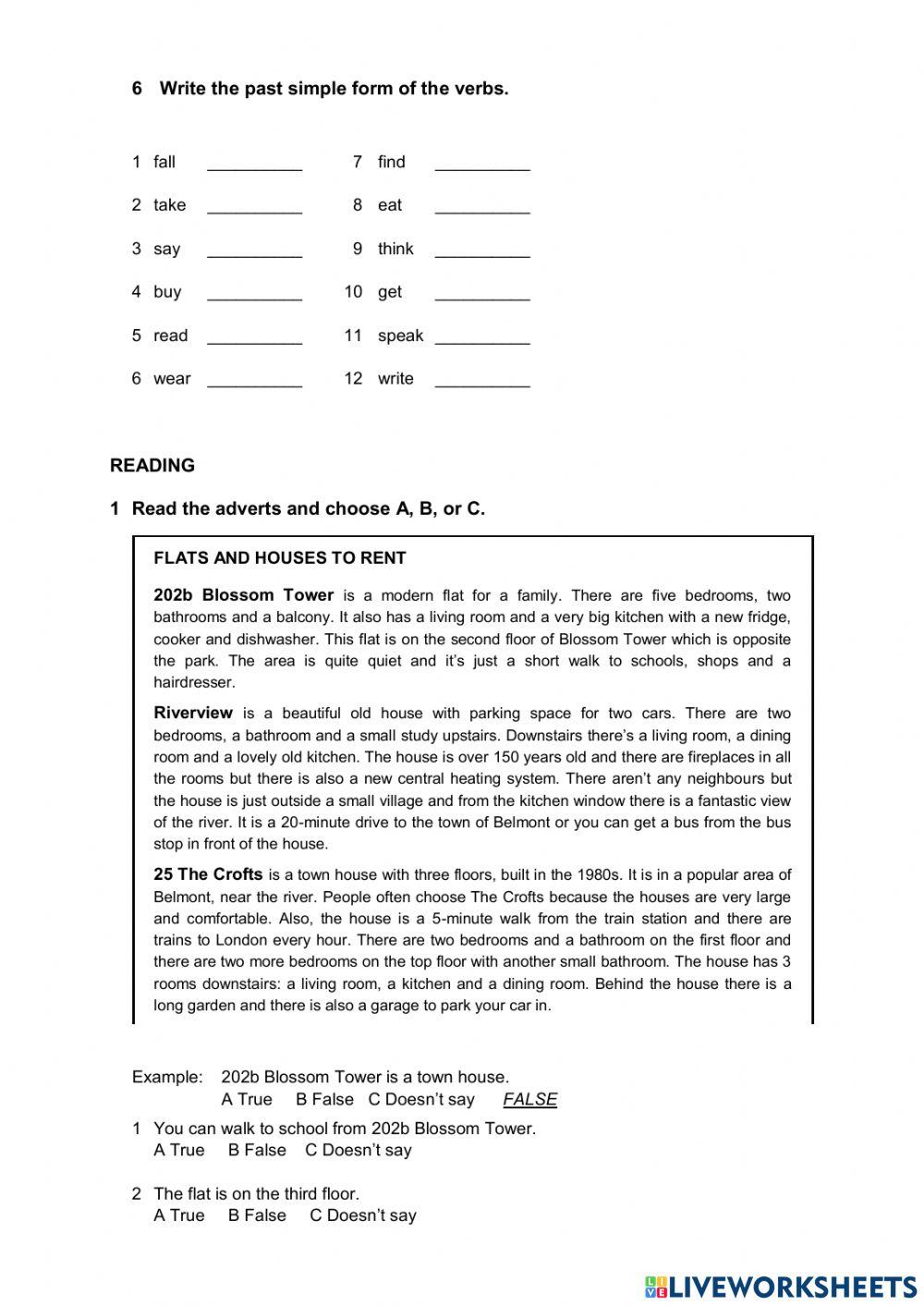 English File Elementary - Test Unit 8 - Grammar, Vocabulary and Reading.