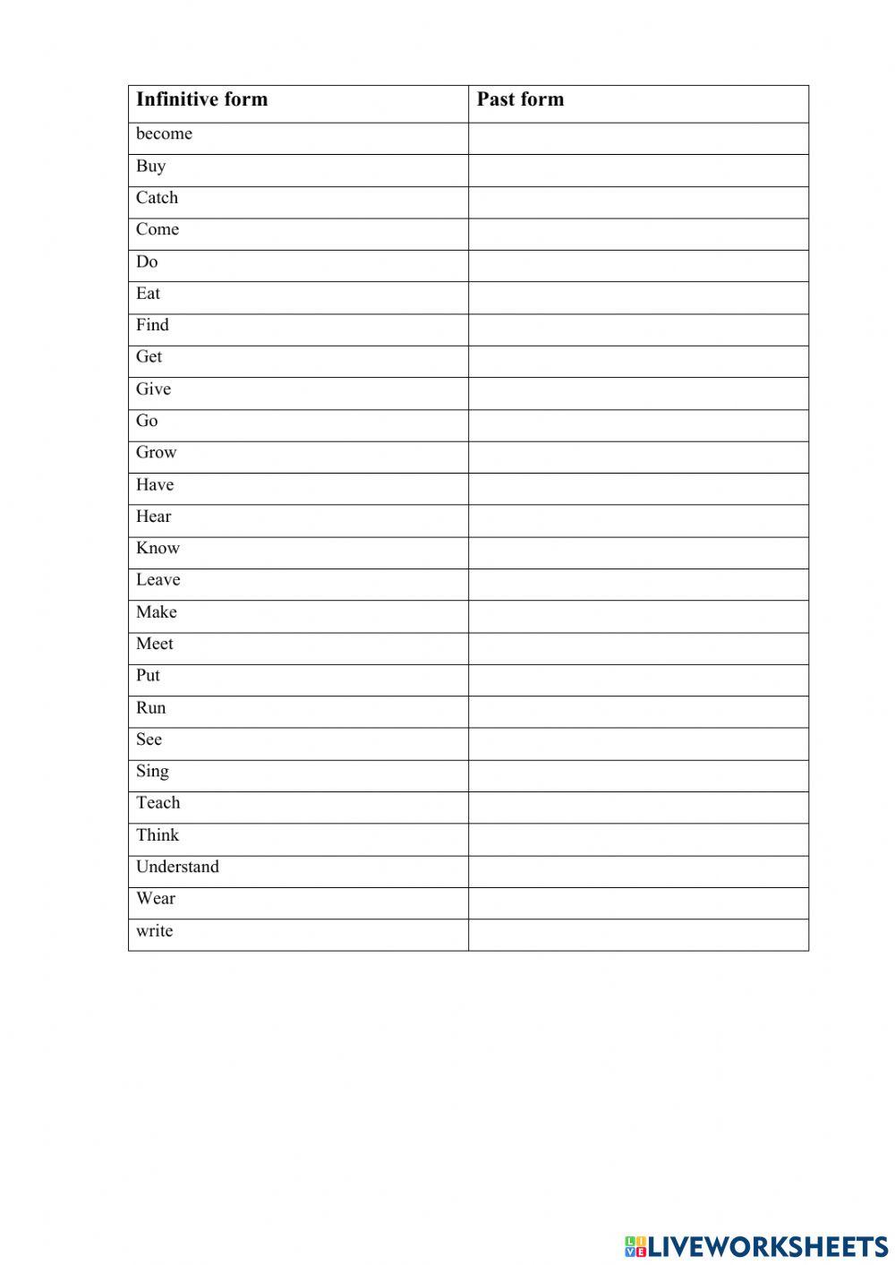 Irregular Verbs Past forms