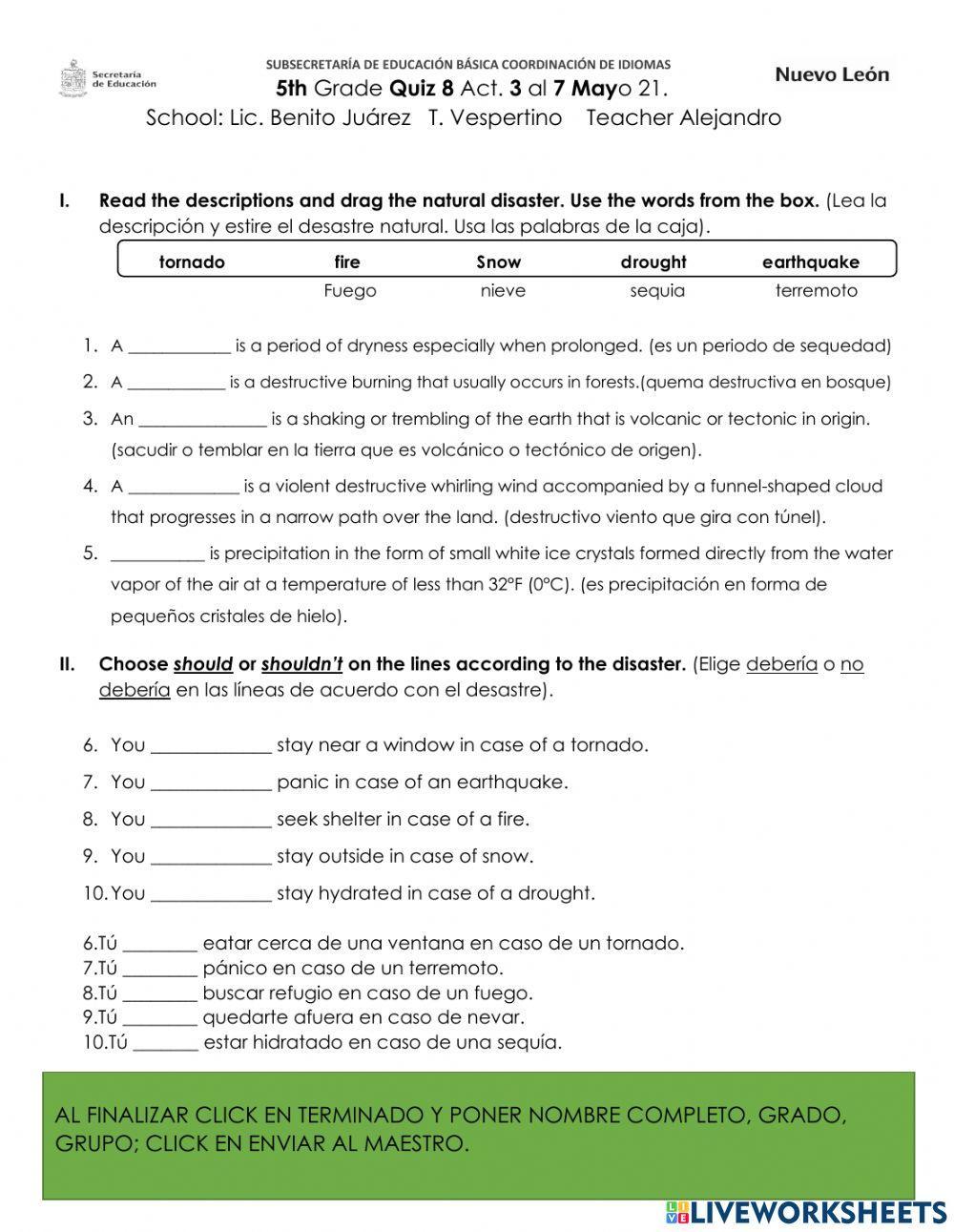 5th grade quiz 8-act. 3 al 7 mayo 21.