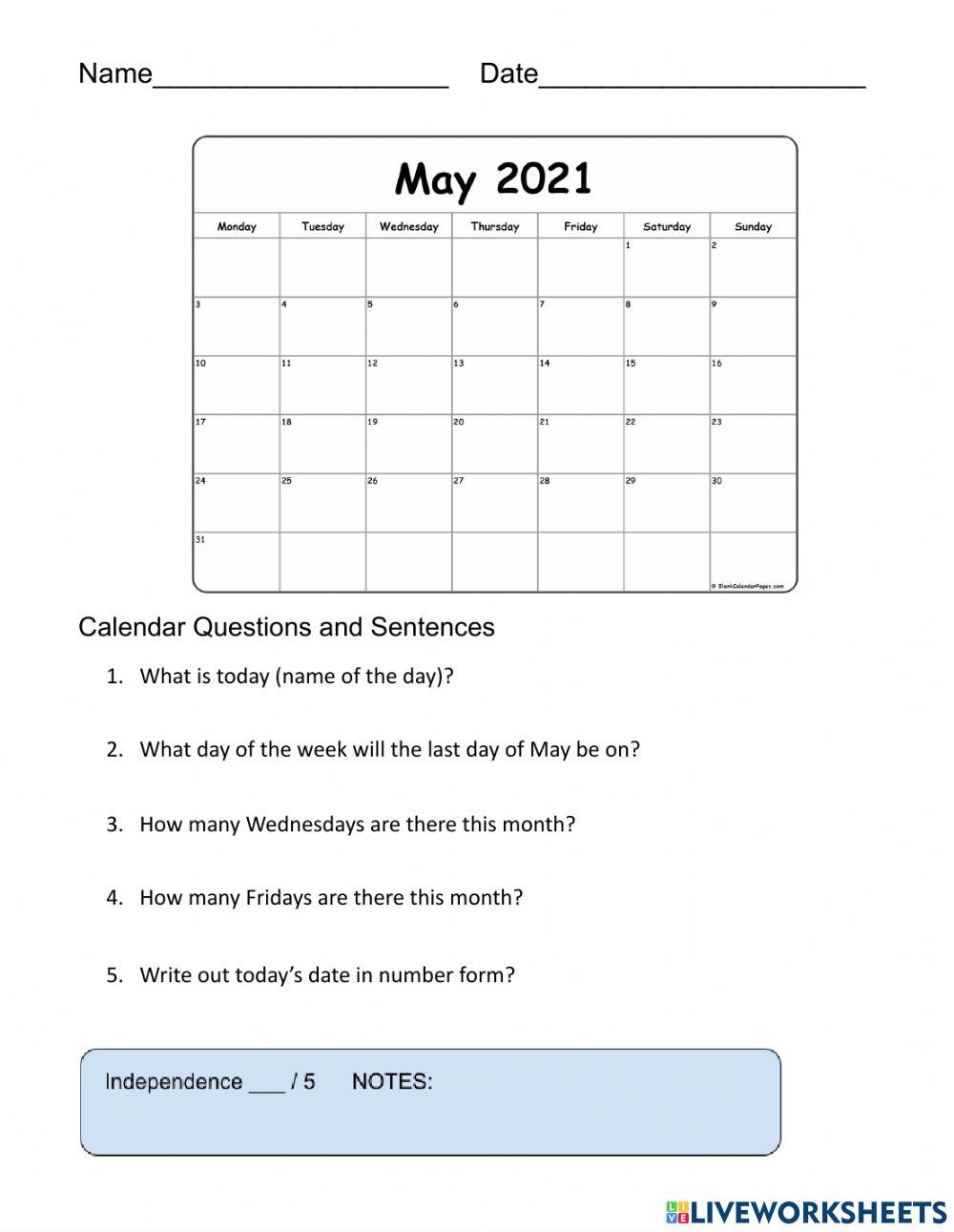 5-5-21 Calendar Questions