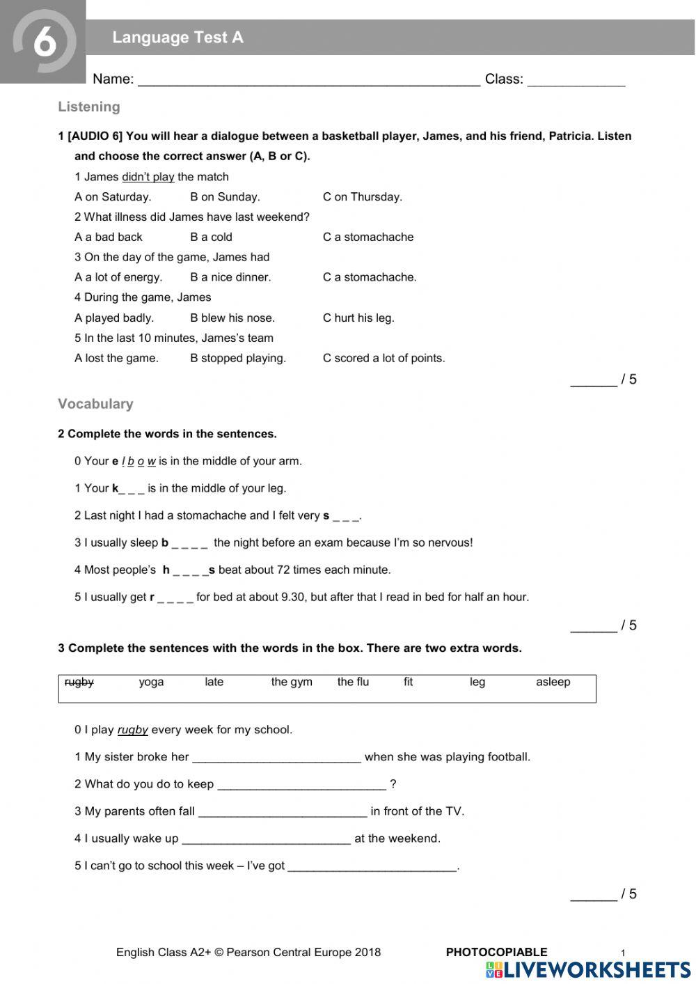 English Class a2+ test unit 6