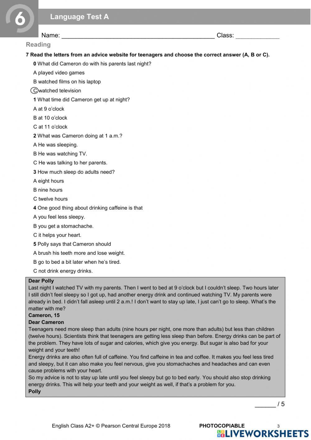 English Class a2+ test unit 6