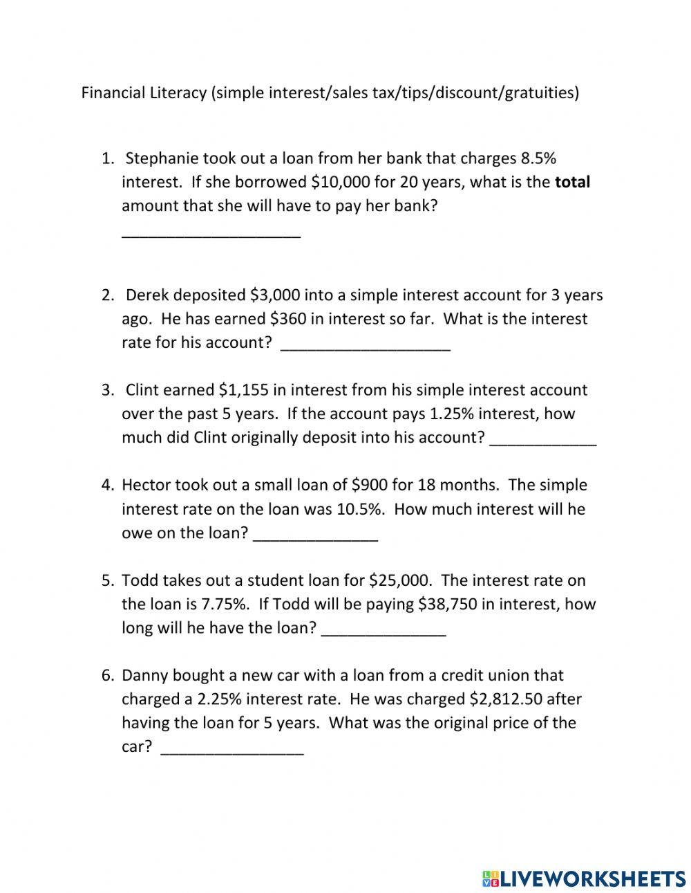 Financial Literacy Test - 7th grade online exercise for | Live Worksheets