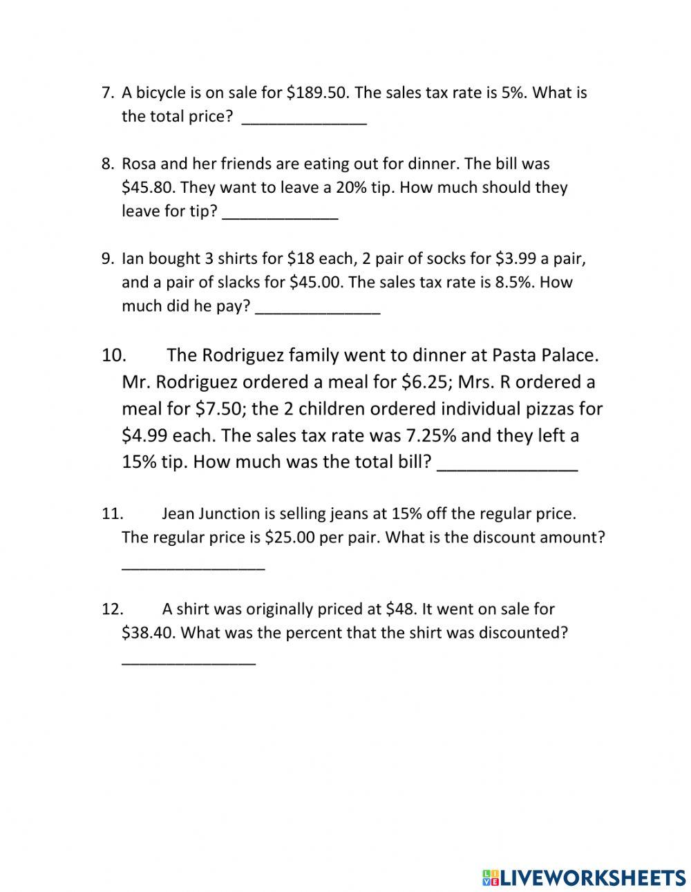Financial Literacy Test - 7th grade online exercise for | Live Worksheets