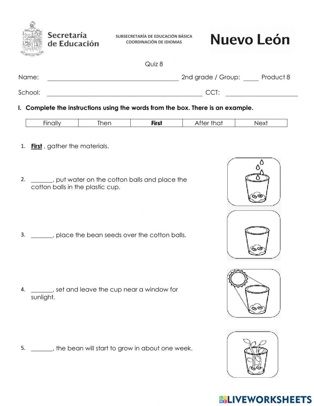 April Quiz - Second Grade - Instructions to Grow a Plant