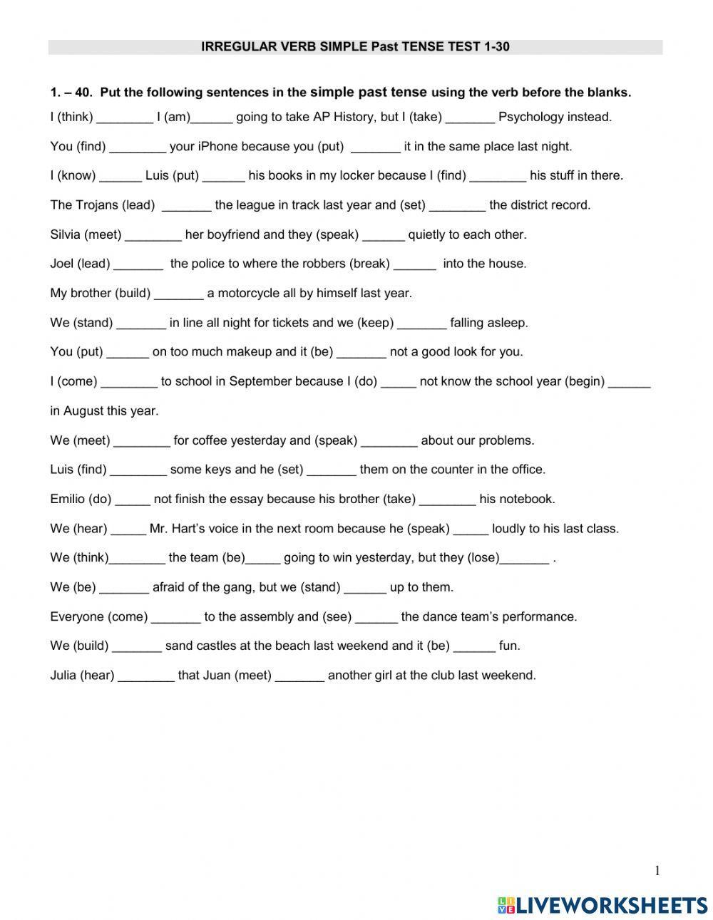 Irregular Verbs Simple Past Test Most Common Verbs