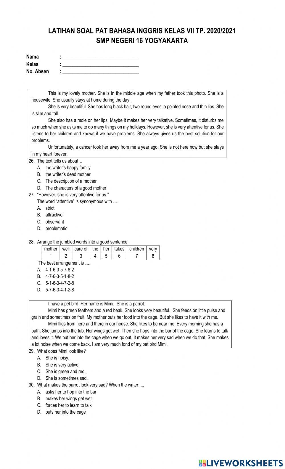 Latihan PAT Kelas 7 2021 26-45