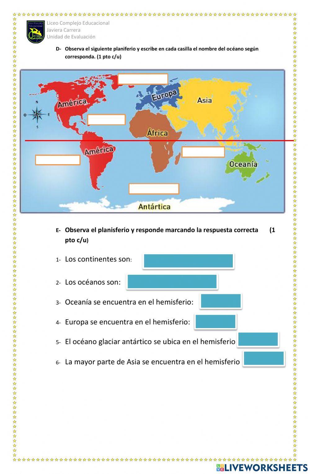 Prueba Historia y geografía. Hemisferios, océanos y continentes