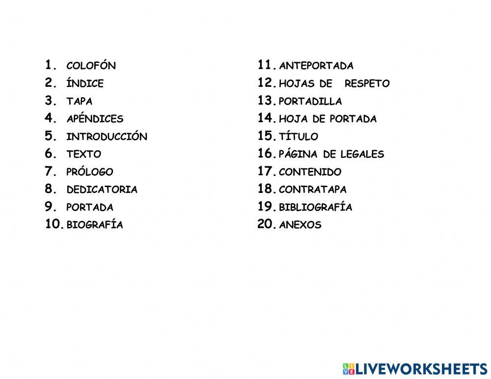 Sopa de Letras - Partes del Libro