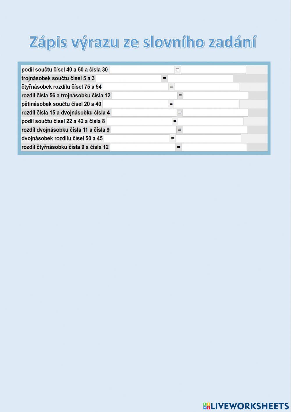 Zápis výrazu ze slovního zadání