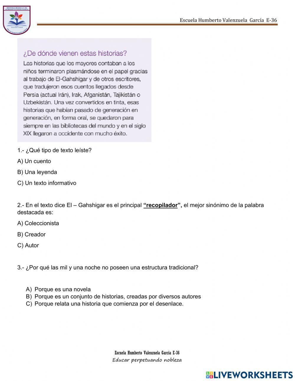 Guía de trabajo -Un viaje a través de las mil y una noches