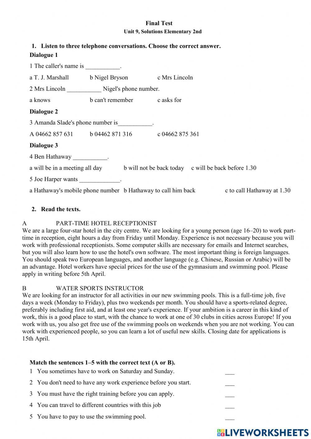 U9, Solutions Elementary