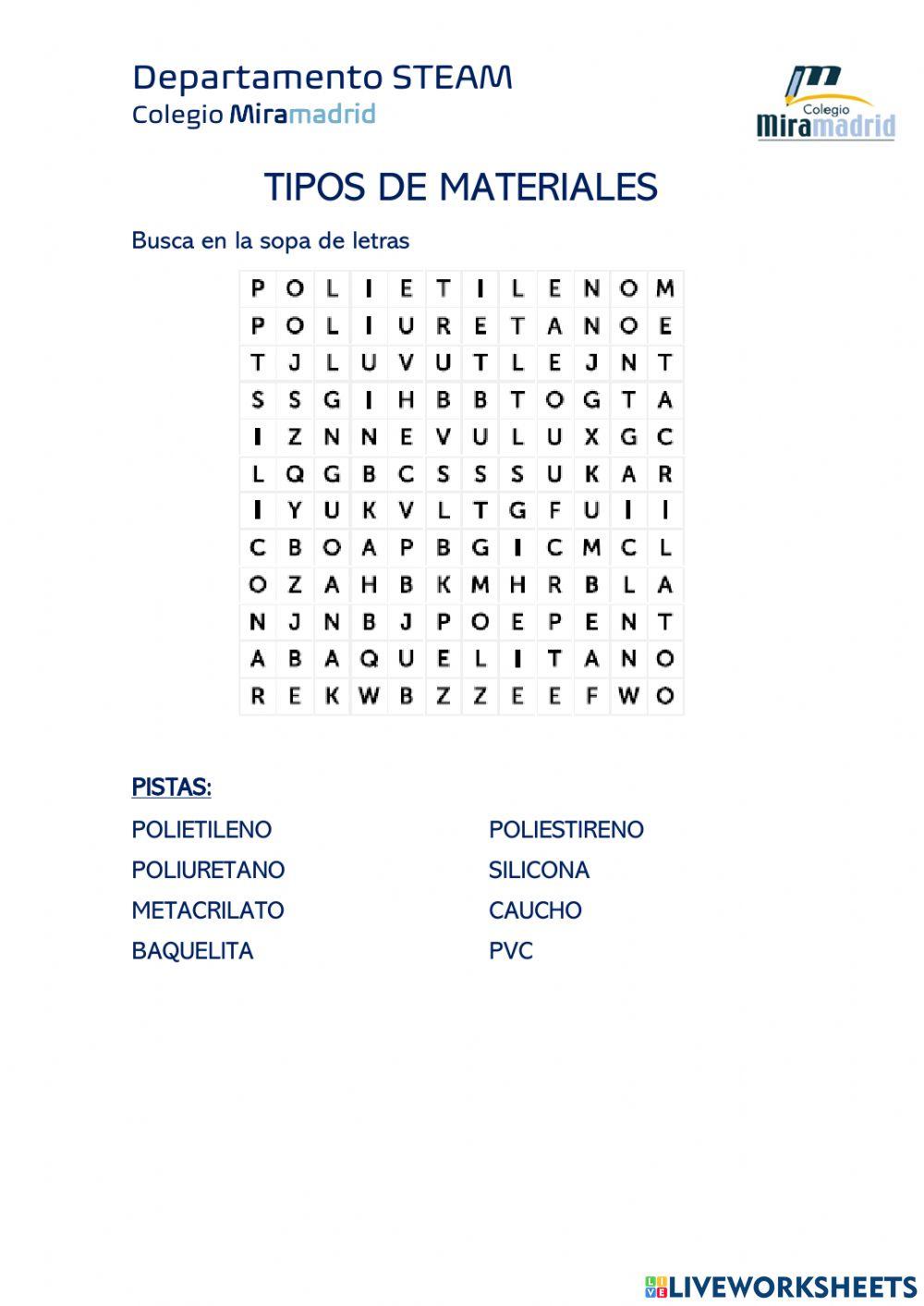 Materiales. Sopa de letras. Plásticos