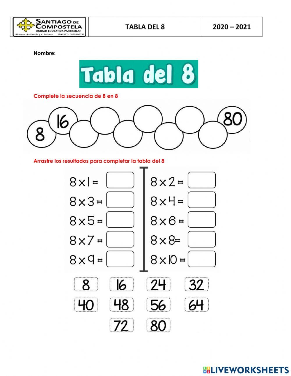 Tabla del 8 Matemáticas activity Live Worksheets