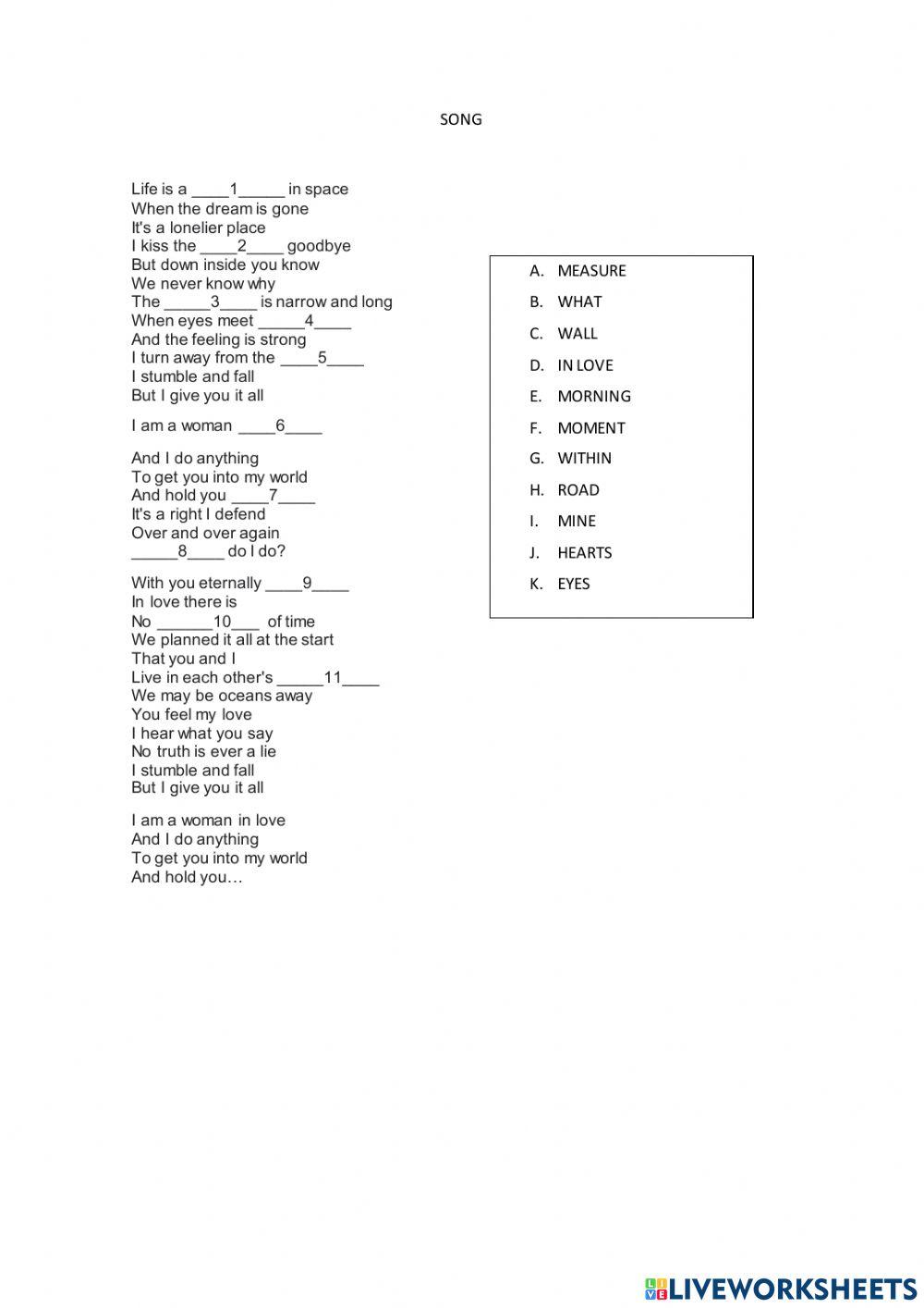 Songs online exercise for secundaria live worksheets